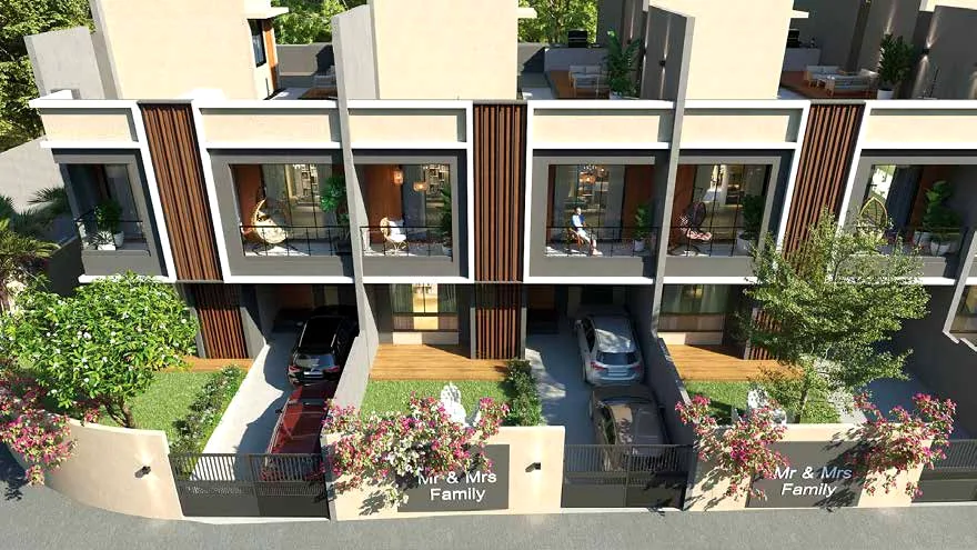 Aerial view of villa courtyards (artist's impression)