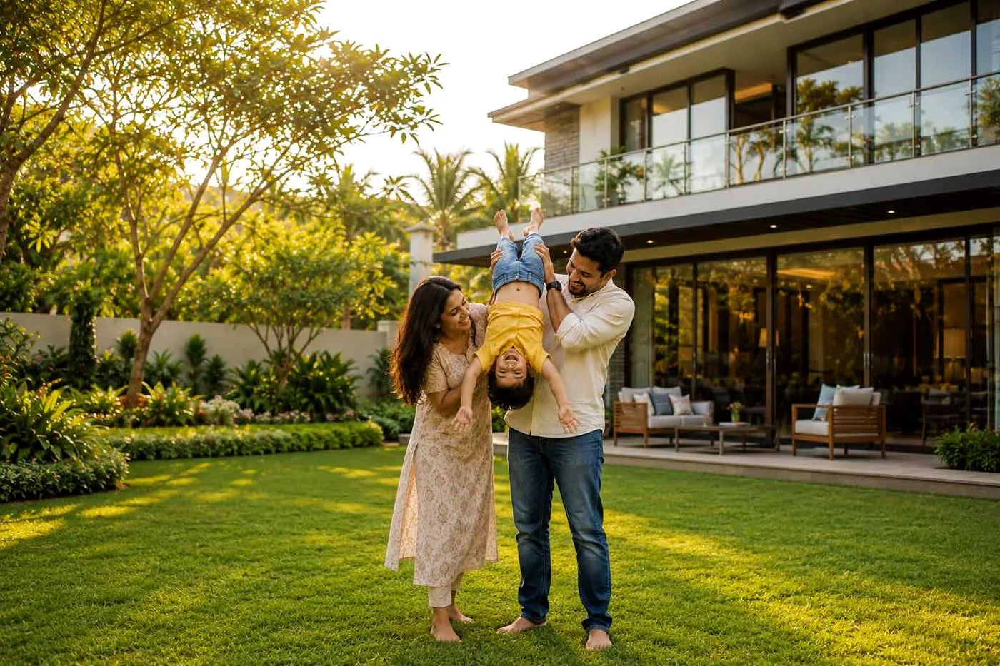 Family on the lawn outside their villa (representative image)